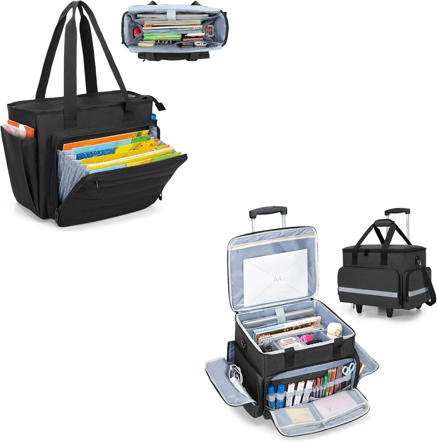CURMIO Large Teacher Bag for Women, Portable Teacher Tote Bag with Accordion File Organizer Compartment, Rolling Teacher Tote Bag with Wheels