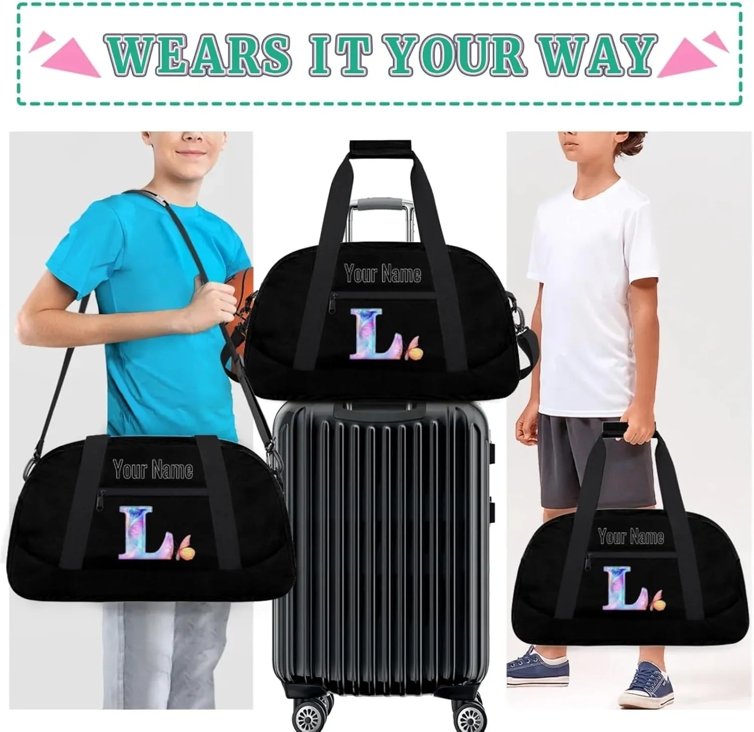 Custom Butterfly Letters Dance Duffle Bag Personalized Foldable Sports Cheer Travel Duffle Bag