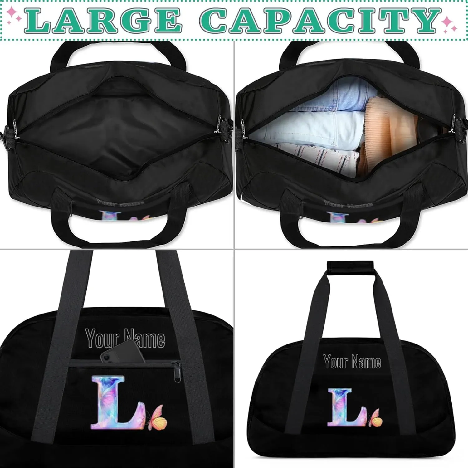 Custom Butterfly Letters Dance Duffle Bag Personalized Foldable Sports Cheer Travel Duffle Bag