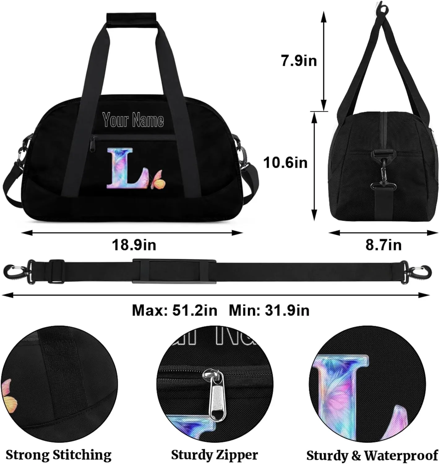 Custom Butterfly Letters Dance Duffle Bag Personalized Foldable Sports Cheer Travel Duffle Bag