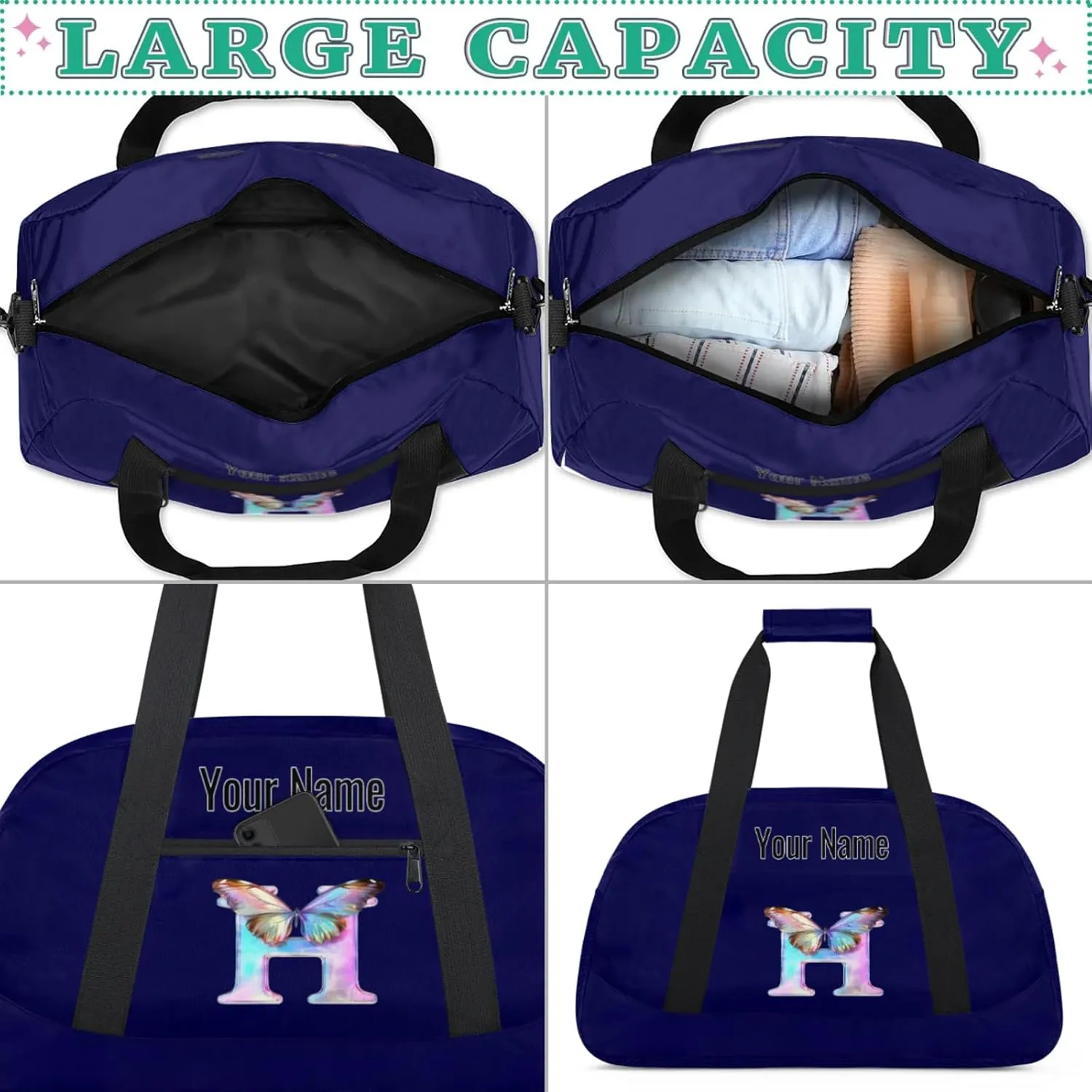 Custom Butterfly Letters Dance Duffle Bag Personalized Foldable Sports Cheer Travel Duffle Bag