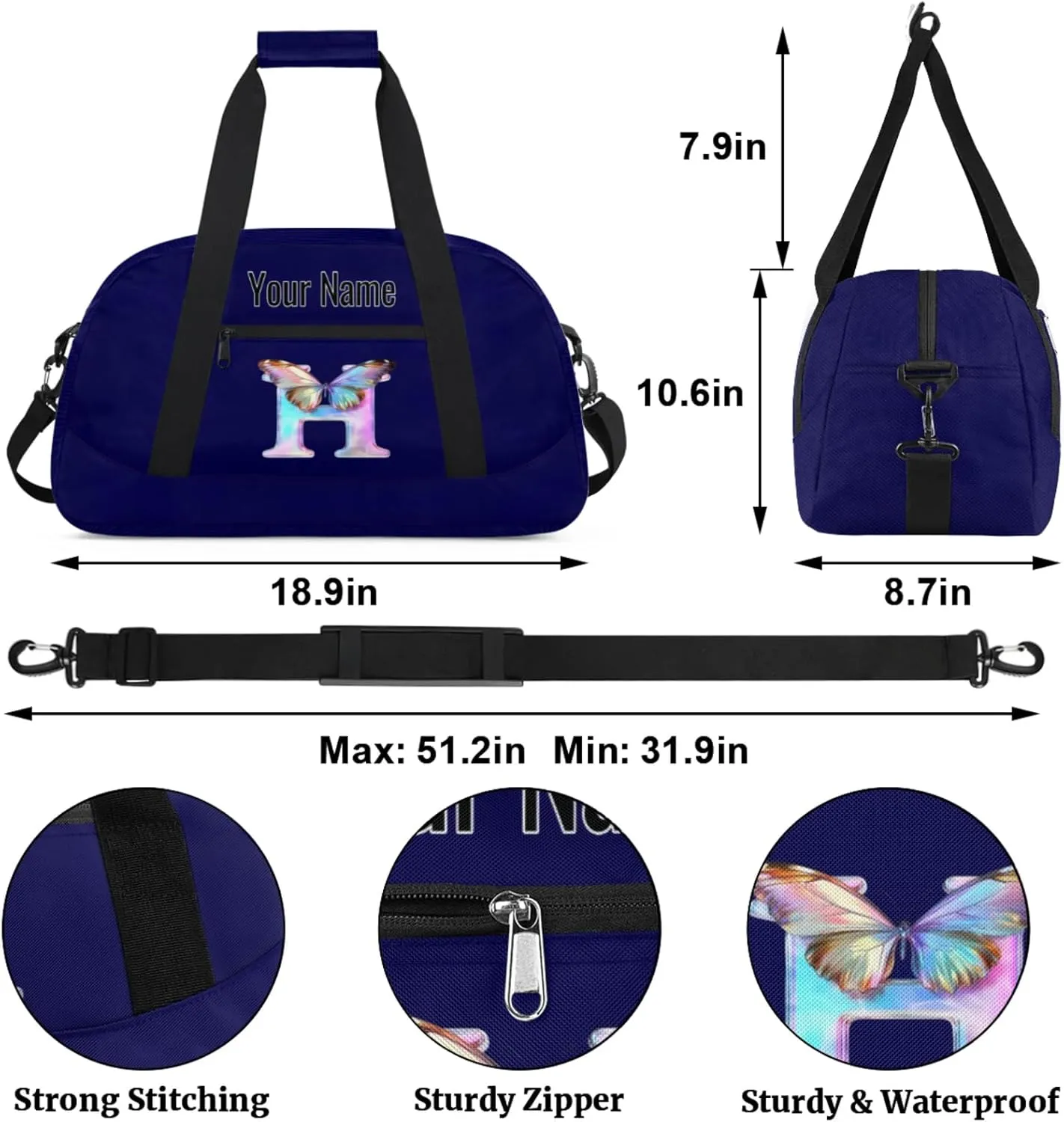 Custom Butterfly Letters Dance Duffle Bag Personalized Foldable Sports Cheer Travel Duffle Bag