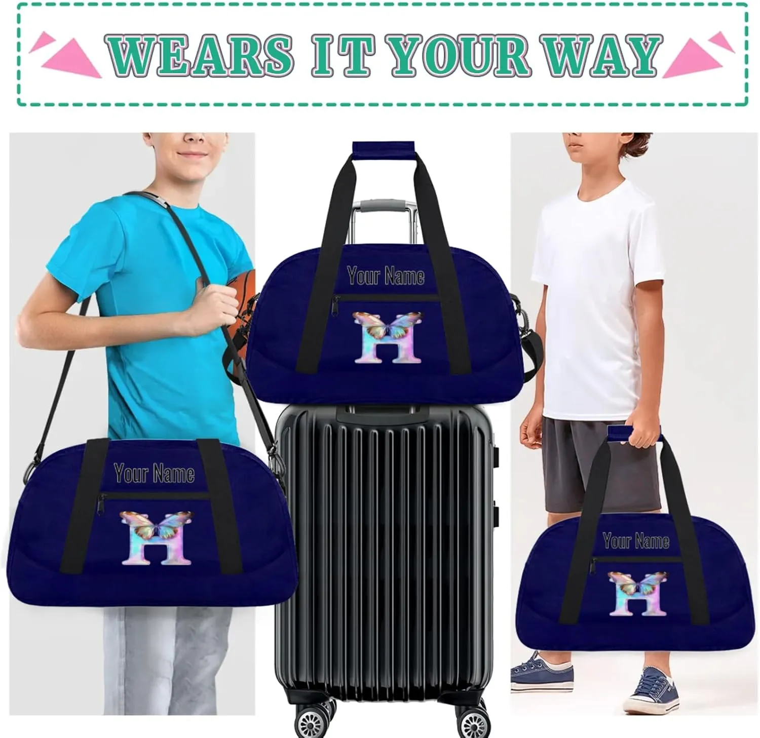 Custom Butterfly Letters Dance Duffle Bag Personalized Foldable Sports Cheer Travel Duffle Bag