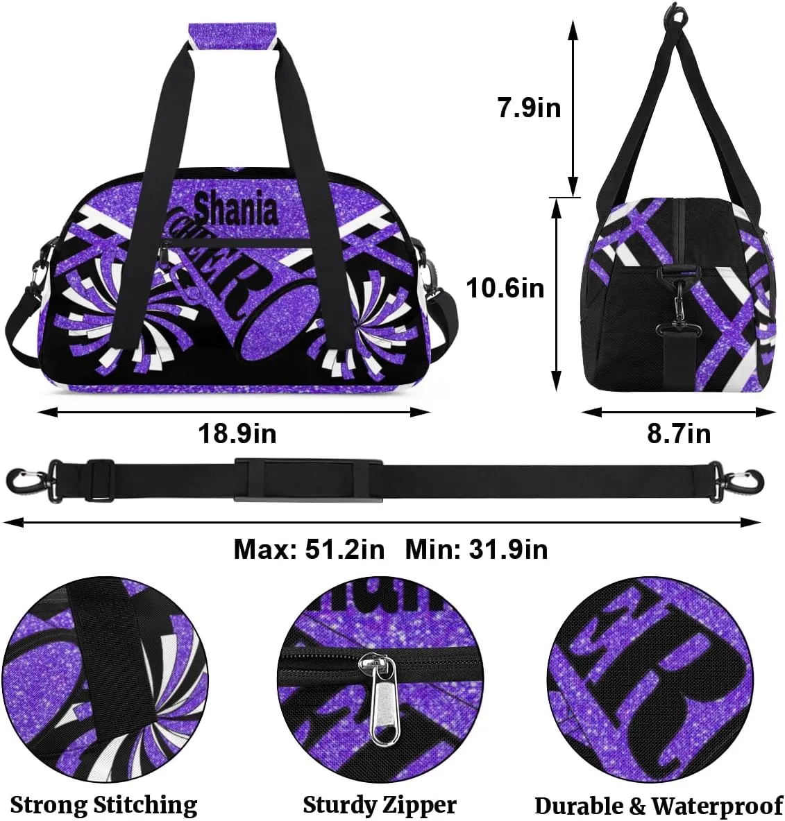 Custom Cheer Dancing Bags for Girls, Personalized Sports Duffle Bag Gym Cheerleading Bag Travel Duffel Perform Training Bag with Name, Purple Black Glitters