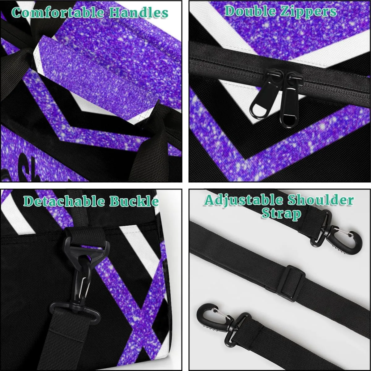 Custom Cheer Dancing Bags for Girls, Personalized Sports Duffle Bag Gym Cheerleading Bag Travel Duffel Perform Training Bag with Name, Purple Black Glitters