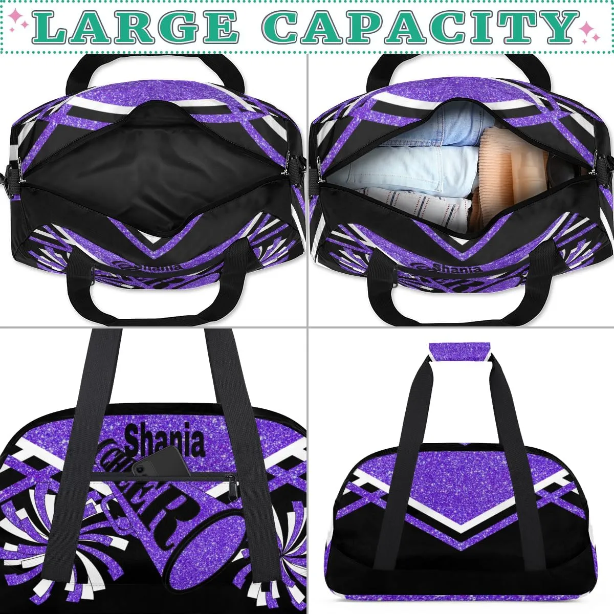 Custom Cheer Dancing Bags for Girls, Personalized Sports Duffle Bag Gym Cheerleading Bag Travel Duffel Perform Training Bag with Name, Purple Black Glitters