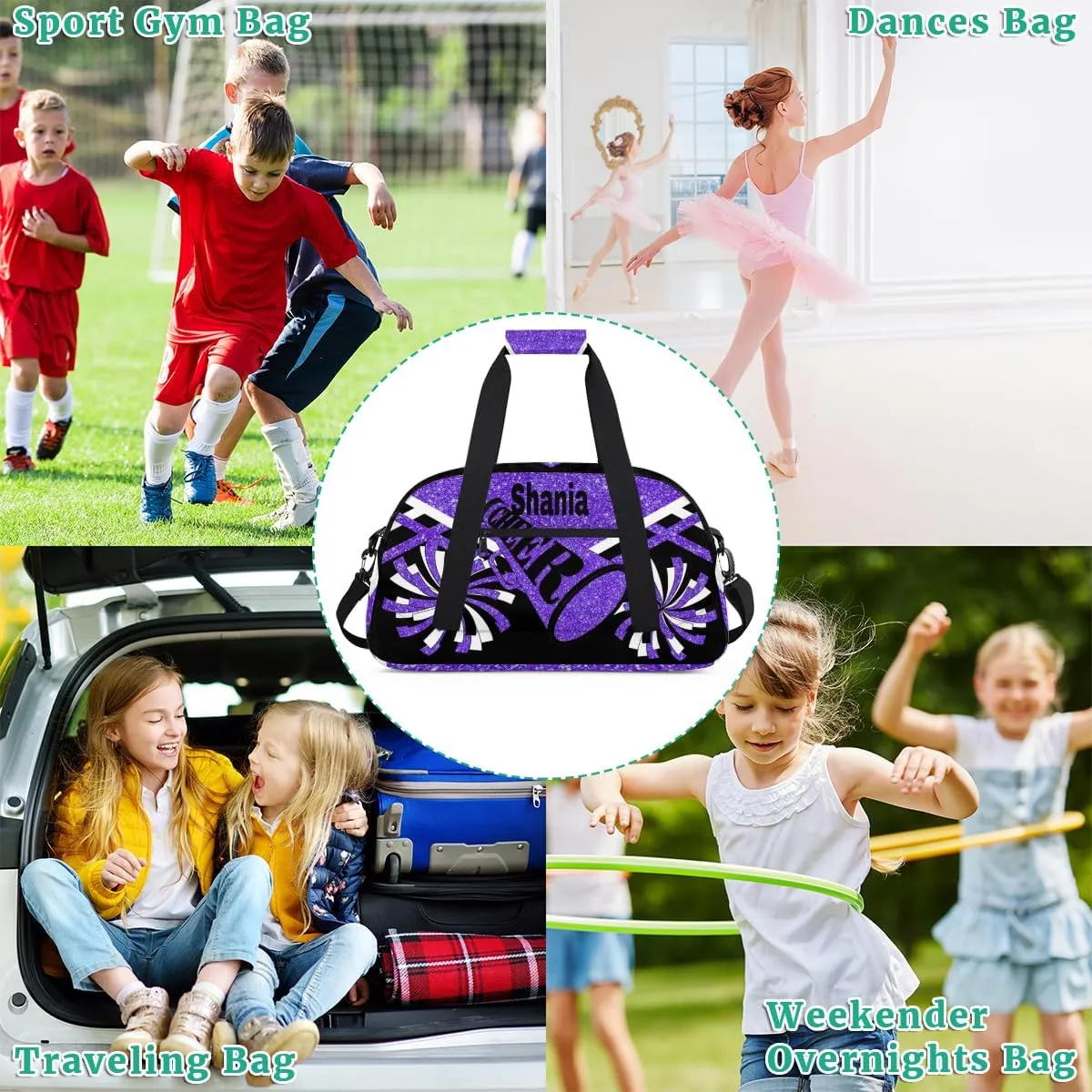 Custom Cheer Dancing Bags for Girls, Personalized Sports Duffle Bag Gym Cheerleading Bag Travel Duffel Perform Training Bag with Name, Purple Black Glitters
