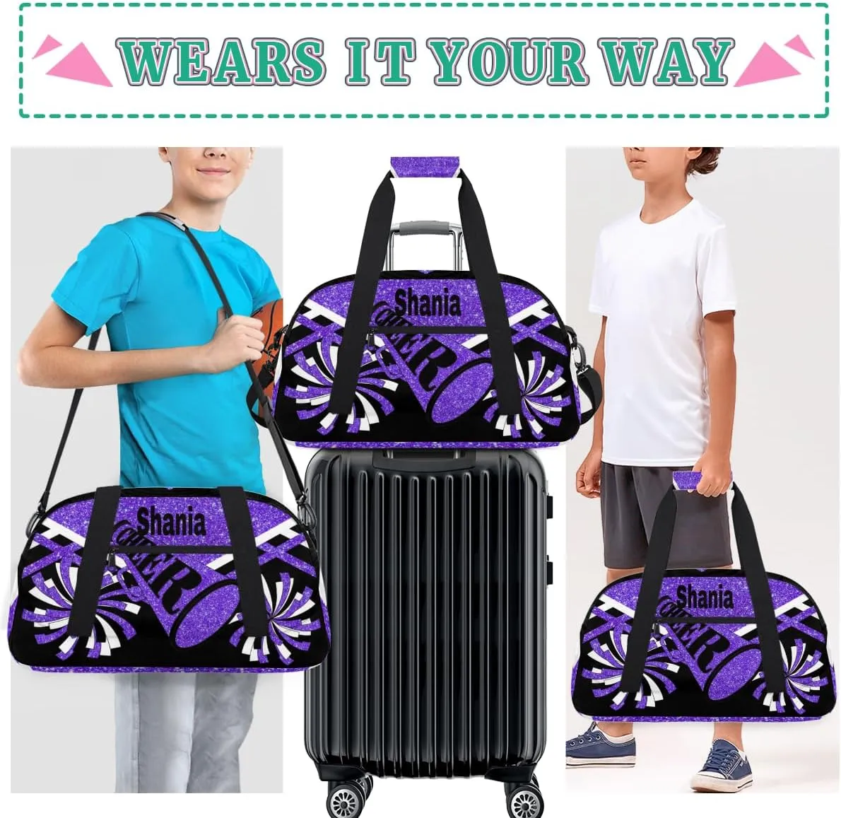 Custom Cheer Dancing Bags for Girls, Personalized Sports Duffle Bag Gym Cheerleading Bag Travel Duffel Perform Training Bag with Name, Purple Black Glitters