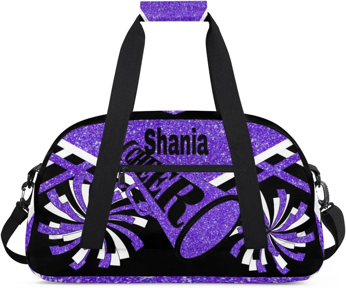 Custom Cheer Dancing Bags for Girls, Personalized Sports Duffle Bag Gym Cheerleading Bag Travel Duffel Perform Training Bag with Name, Purple Black Glitters