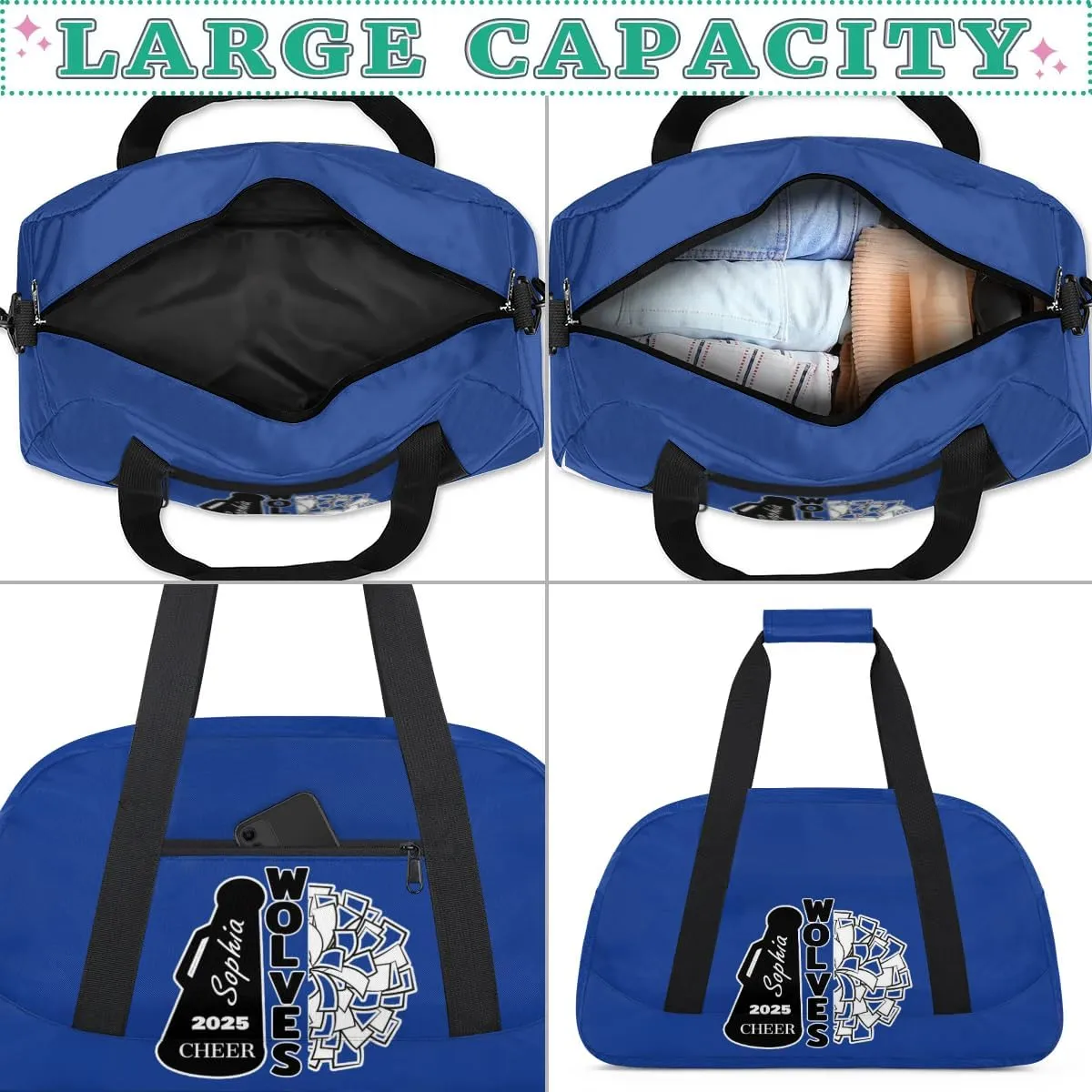 Custom Cheer Dancing Bags, Personalized Sports Duffle Bag Gym Cheerleading Bag Travel Duffel Perform Training Bag with Name, Overnight Weekender Bags, Cobalt Blue Customized Gifts