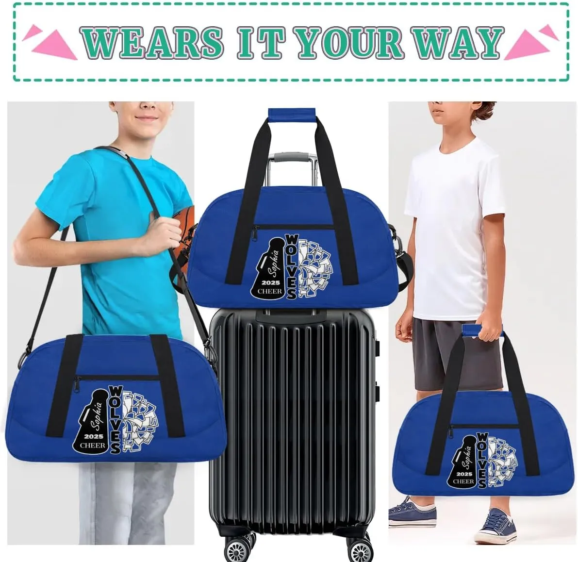 Custom Cheer Dancing Bags, Personalized Sports Duffle Bag Gym Cheerleading Bag Travel Duffel Perform Training Bag with Name, Overnight Weekender Bags, Cobalt Blue Customized Gifts