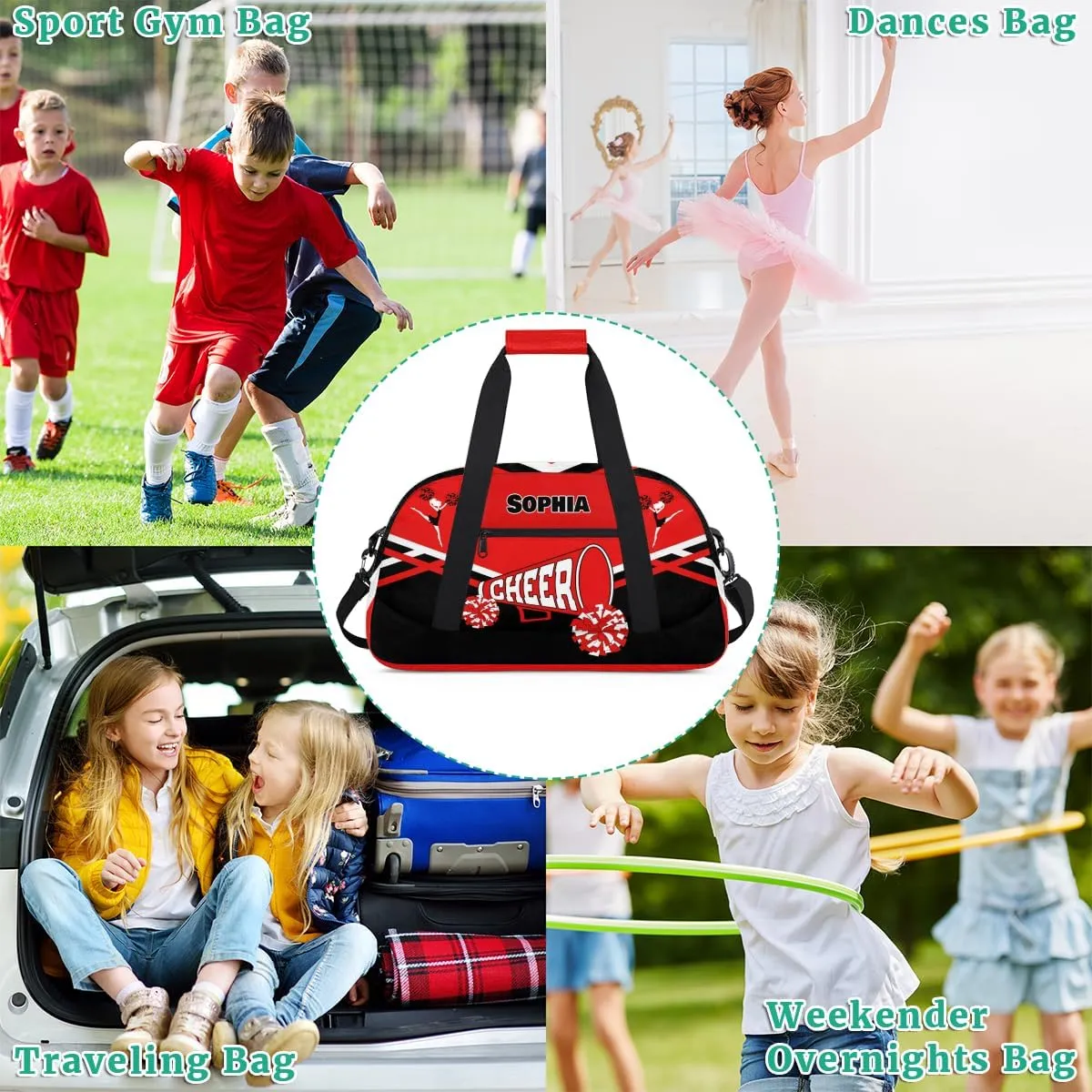 Custom Cheerleader Bag Dance Bag for Girl, Personalized Sport Duffel Gym Bag Weekender Bags Name Duffel Bag, Red Black