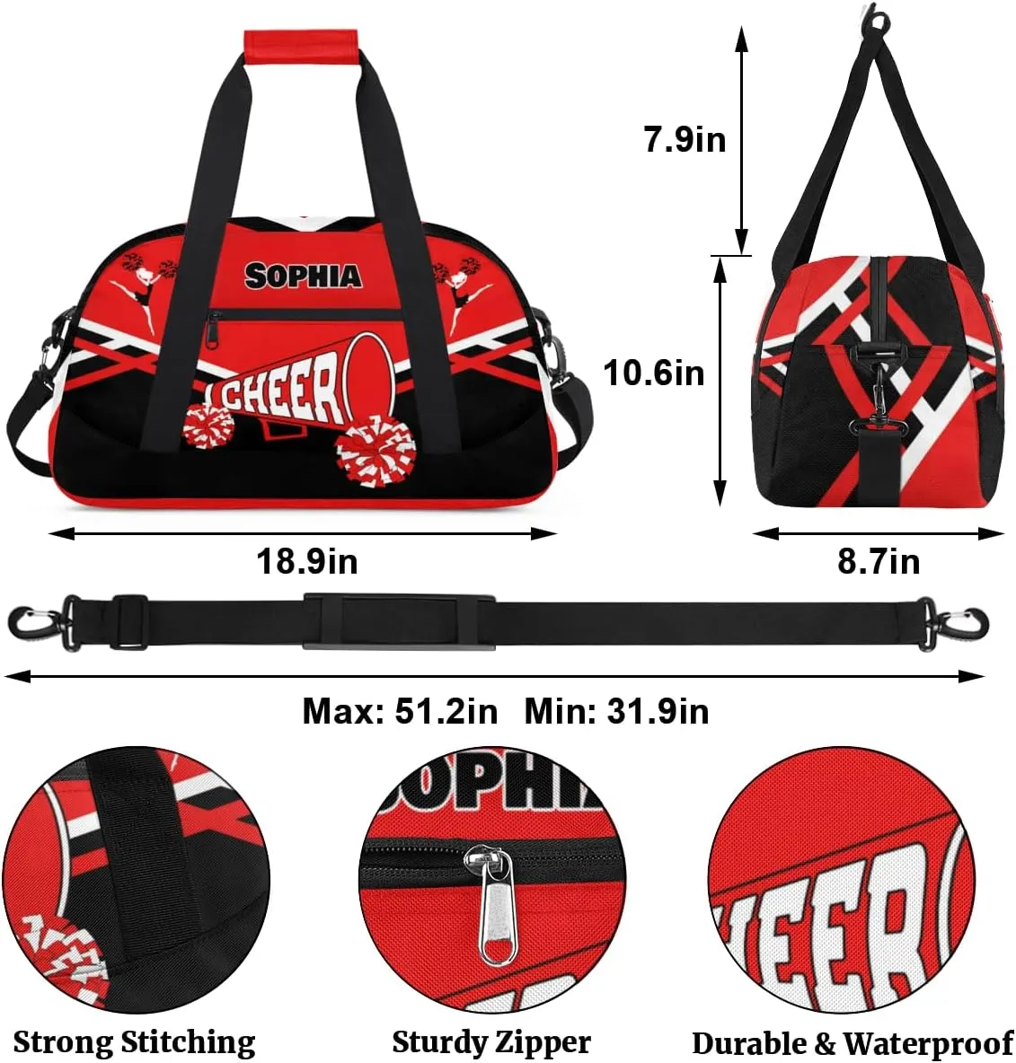 Custom Cheerleader Bag Dance Bag for Girl, Personalized Sport Duffel Gym Bag Weekender Bags Name Duffel Bag, Red Black