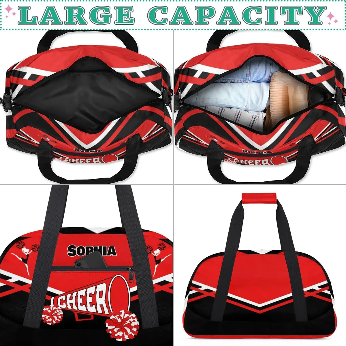 Custom Cheerleader Bag Dance Bag for Girl, Personalized Sport Duffel Gym Bag Weekender Bags Name Duffel Bag, Red Black
