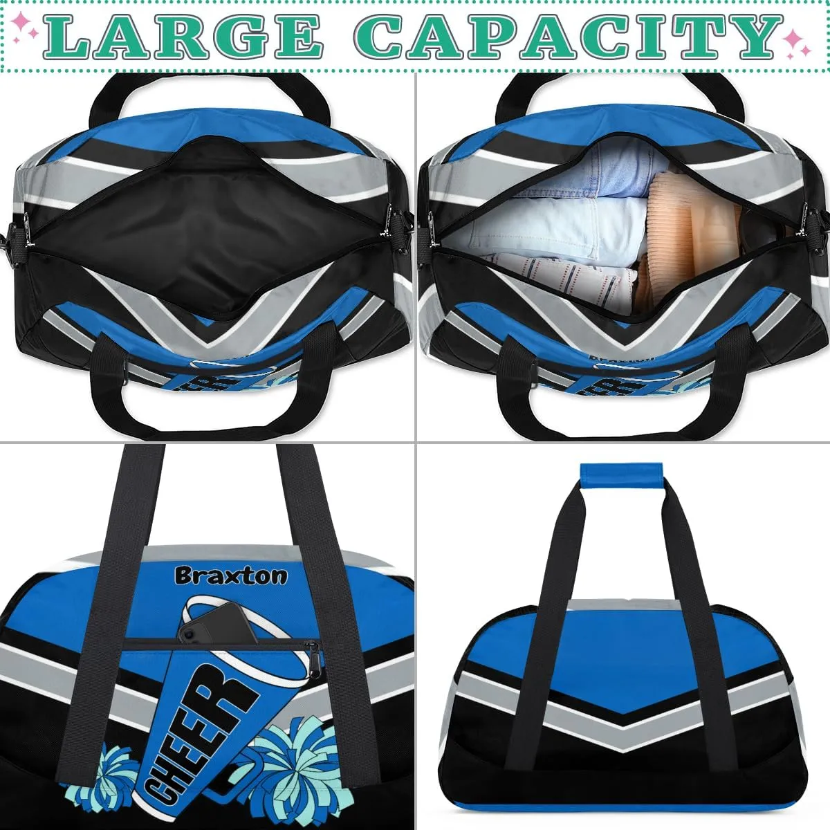 Custom Cheerleader Duffle Bag Girls, Sport Gym Dancing Bag Weekender Gym Bags Travel Duffel Bag, Blue Black