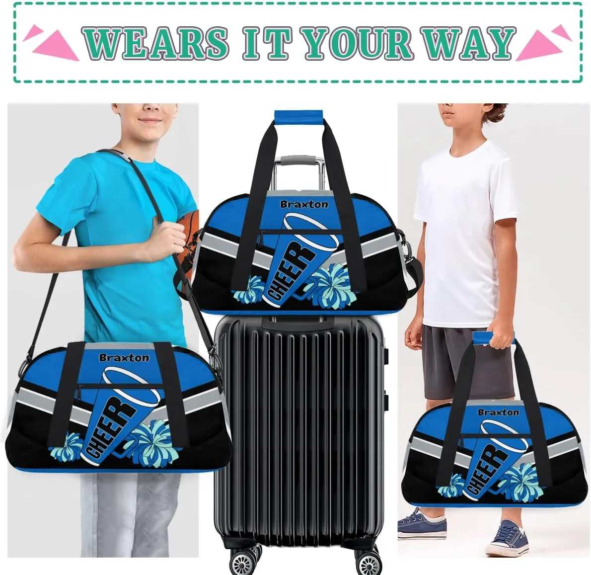 Custom Cheerleader Duffle Bag Girls, Sport Gym Dancing Bag Weekender Gym Bags Travel Duffel Bag, Blue Black