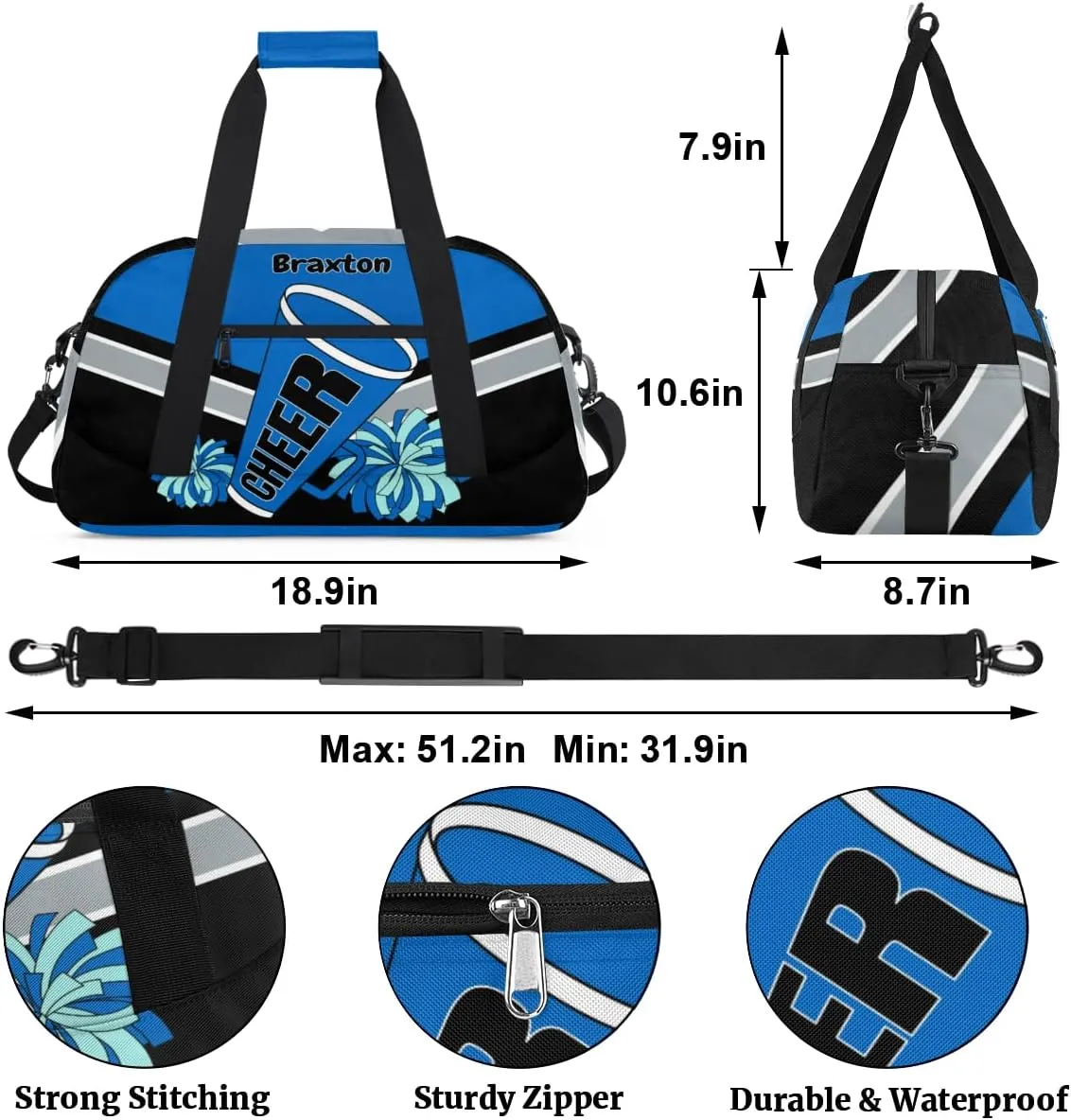 Custom Cheerleader Duffle Bag Girls, Sport Gym Dancing Bag Weekender Gym Bags Travel Duffel Bag, Blue Black