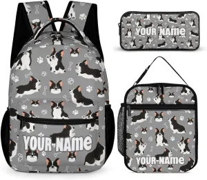 Custom Corgi Backpack with Lunch Box & Pencil Case, 16 Inch Cute Corgis Dog Themed Bookbag, Adjustable Lightweight Large Capacity, Colorful Daily Casual Backpacks Set with Lunch Bag