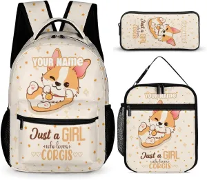 Custom Corgi Backpack with Lunch Box & Pencil Case, 16 Inch Cute Corgis Dog Themed Bookbag, Adjustable Lightweight Large Capacity, Colorful Daily Casual Backpacks Set with Lunch Bag