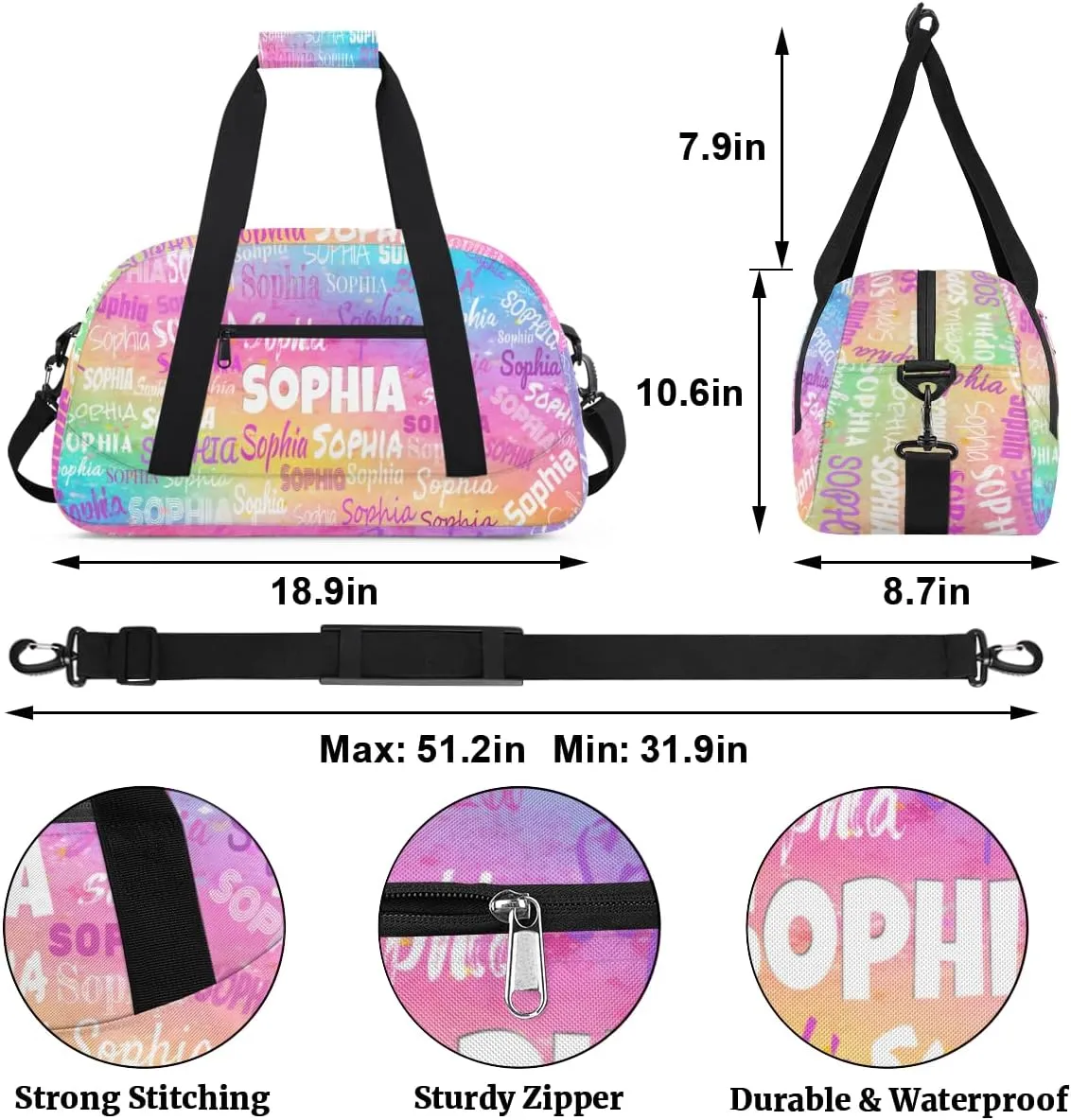 Custom Dance Bag for Girl Sport Duffel Bag, Personalized Kids Gym Bag Customize Travel Duffle Bag with Name, Colorful Pink Watercolor