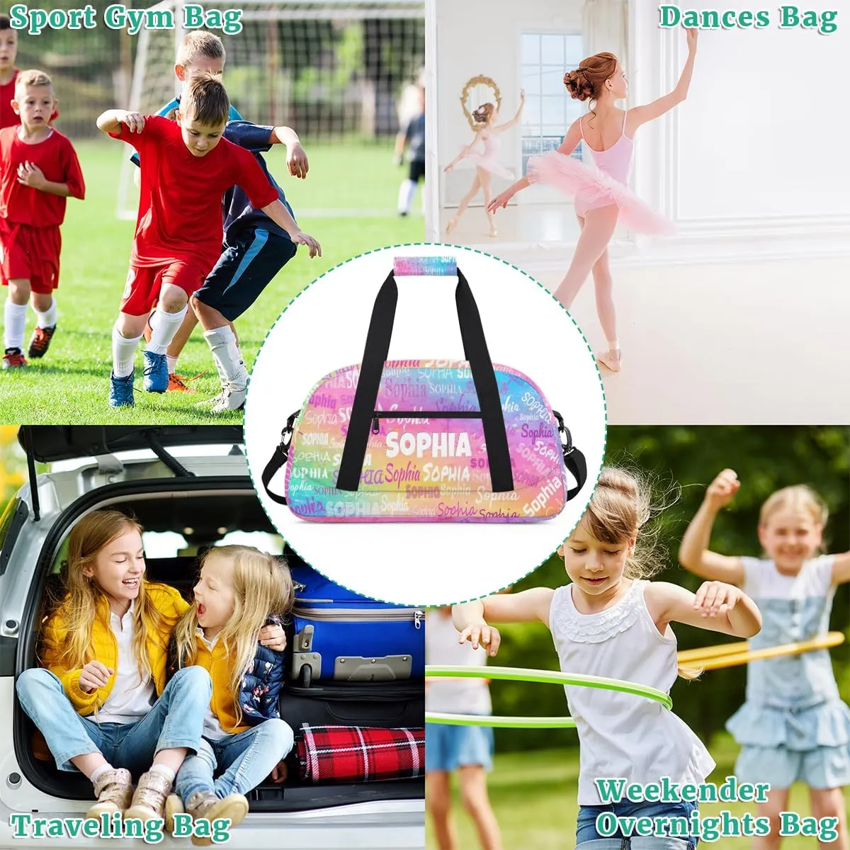 Custom Dance Bag for Girl Sport Duffel Bag, Personalized Kids Gym Bag Customize Travel Duffle Bag with Name, Colorful Pink Watercolor