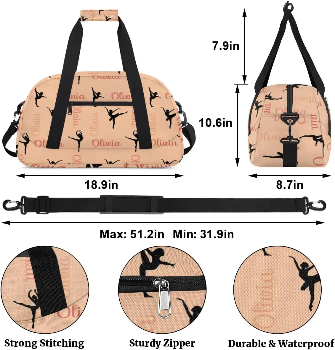 Custom Dance Bag for Girls, Overnight Duffel Bags Cheerleader for Kids Personalized Sport Gym Bag, Gymnastics Duffel Bag with Names - Dance