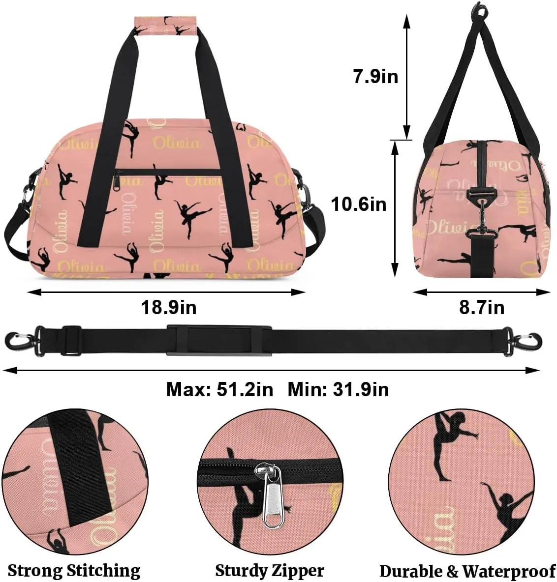Custom Dance Bag for Girls, Overnight Duffel Bags Cheerleader for Kids Personalized Sport Gym Bag, Gymnastics Duffel Bag with Names - Dance