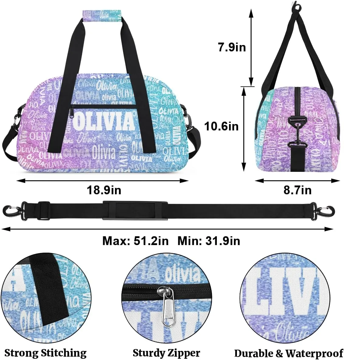 Custom Dance Bag, Personalized Sports Duffle Bag Gym Cheer Bag Travel Duffel with Name, Dreamy Glitter Light Blue Purple