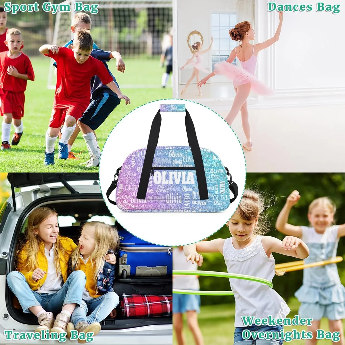 Custom Dance Bag, Personalized Sports Duffle Bag Gym Cheer Bag Travel Duffel with Name, Dreamy Glitter Light Blue Purple