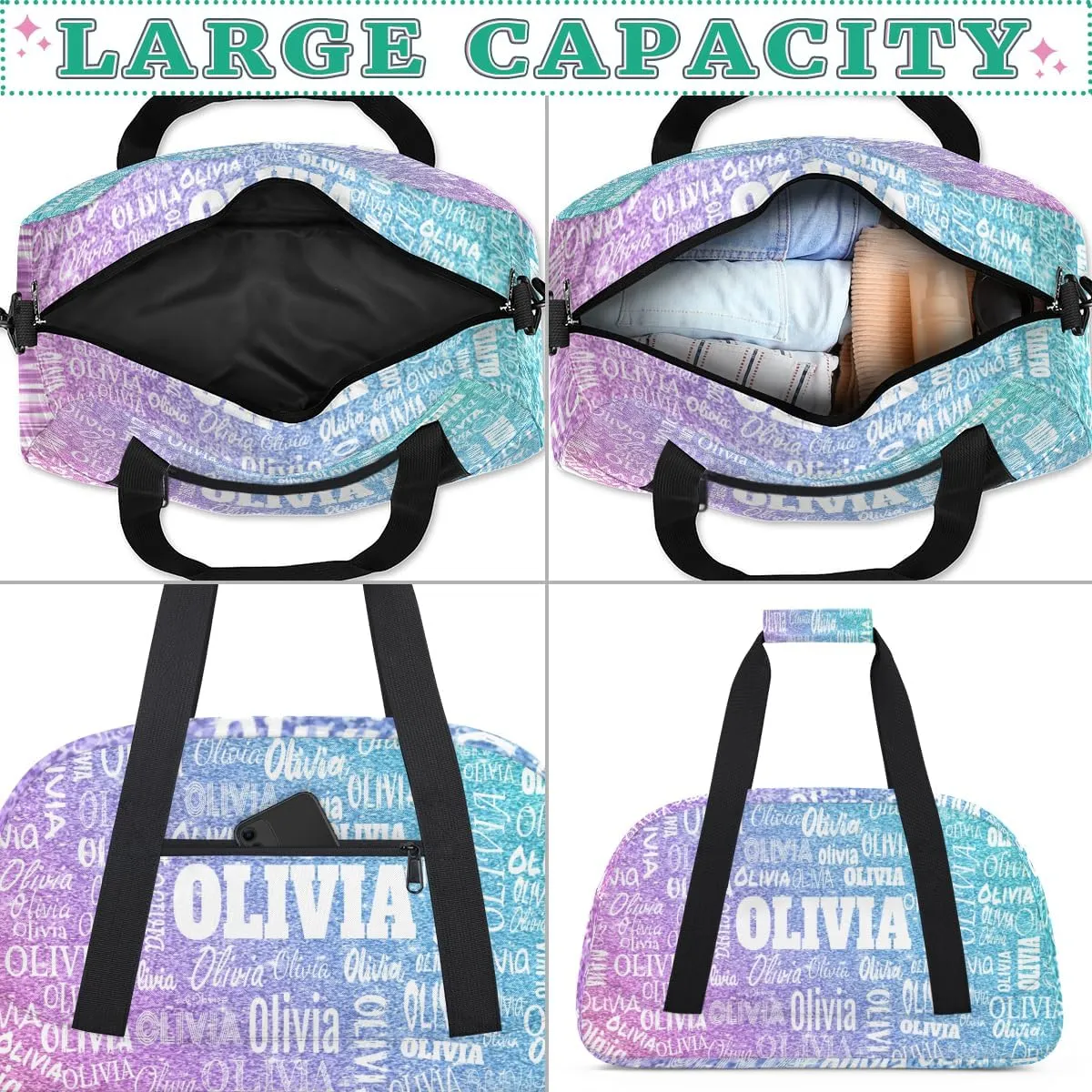 Custom Dance Bag, Personalized Sports Duffle Bag Gym Cheer Bag Travel Duffel with Name, Dreamy Glitter Light Blue Purple