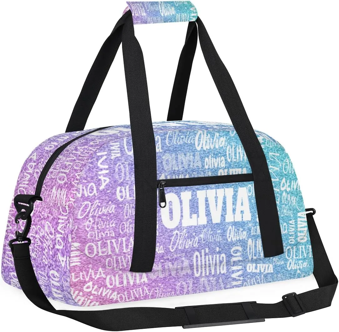 Custom Dance Bag, Personalized Sports Duffle Bag Gym Cheer Bag Travel Duffel with Name, Dreamy Glitter Light Blue Purple