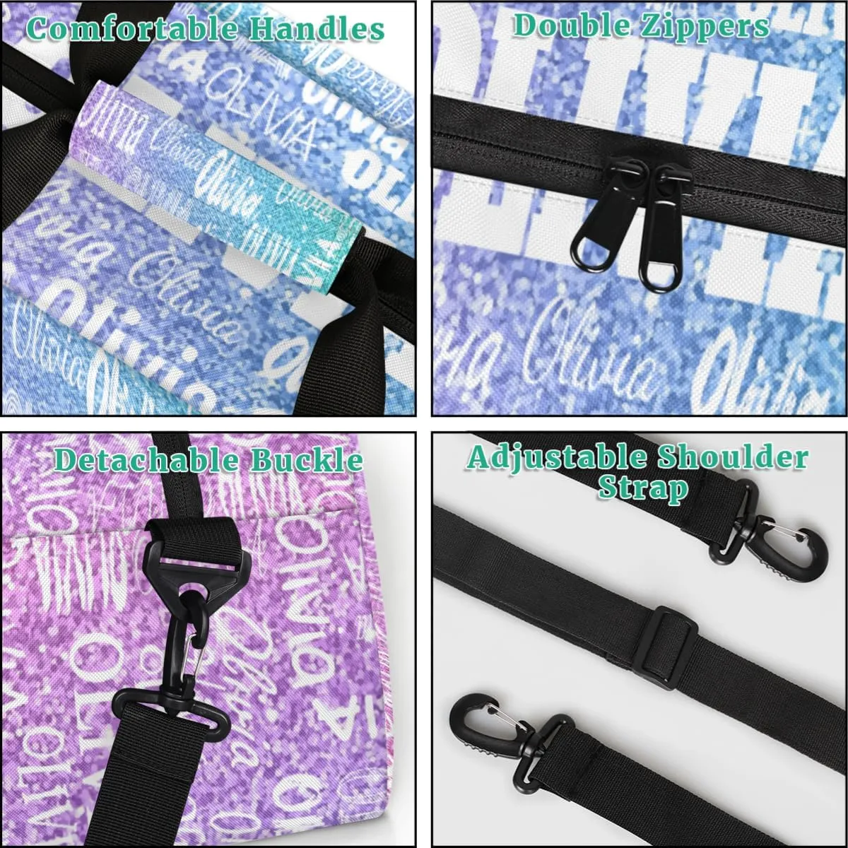 Custom Dance Bag, Personalized Sports Duffle Bag Gym Cheer Bag Travel Duffel with Name, Dreamy Glitter Light Blue Purple