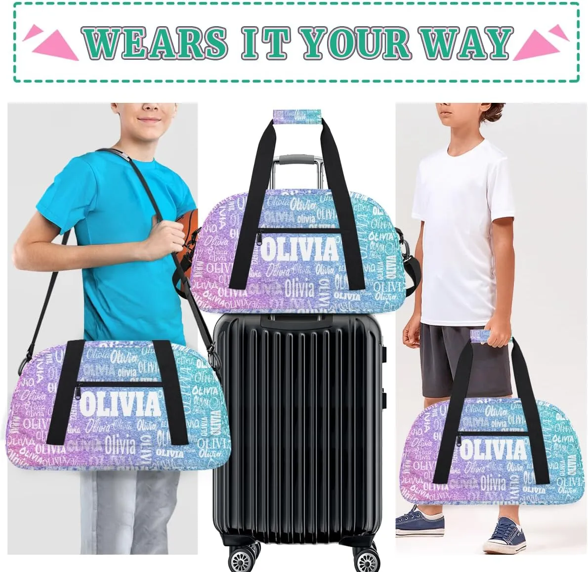 Custom Dance Bag, Personalized Sports Duffle Bag Gym Cheer Bag Travel Duffel with Name, Dreamy Glitter Light Blue Purple