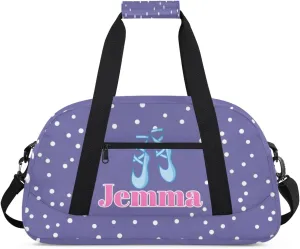 Custom Dance Ballet Bag for Girls, Personalized Duffle Bag with Name Dance Shoes Overnight Bag Ballet Gym Duffle Bag for Travel Sleepover Bag, Light Purple Background with White Dots