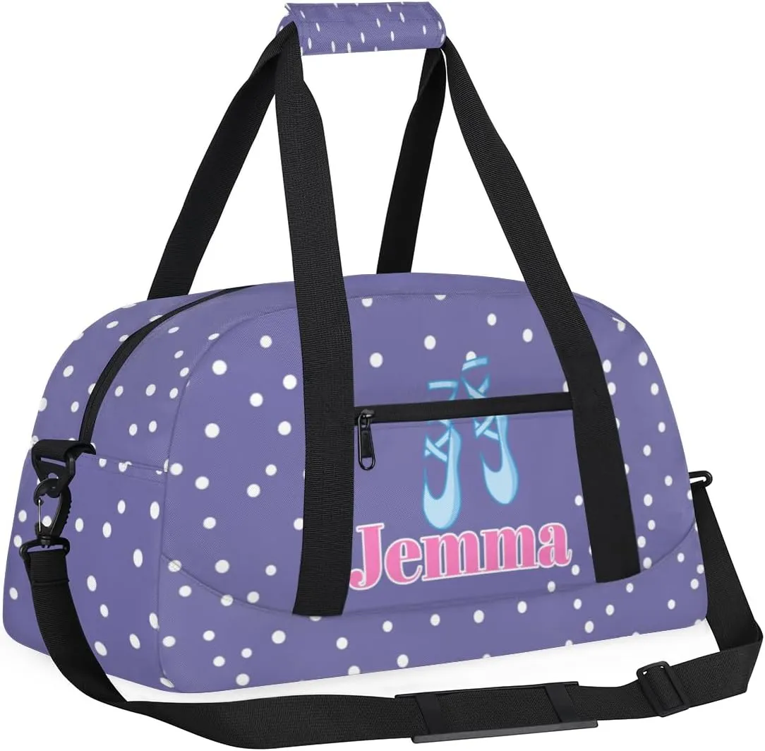 Custom Dance Ballet Bag for Girls, Personalized Duffle Bag with Name Dance Shoes Overnight Bag Ballet Gym Duffle Bag for Travel Sleepover Bag, Light Purple Background with White Dots