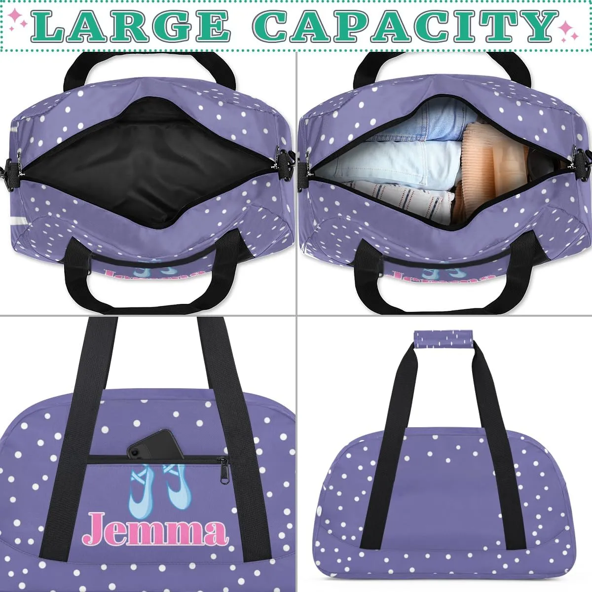 Custom Dance Ballet Bag for Girls, Personalized Duffle Bag with Name Dance Shoes Overnight Bag Ballet Gym Duffle Bag for Travel Sleepover Bag, Light Purple Background with White Dots