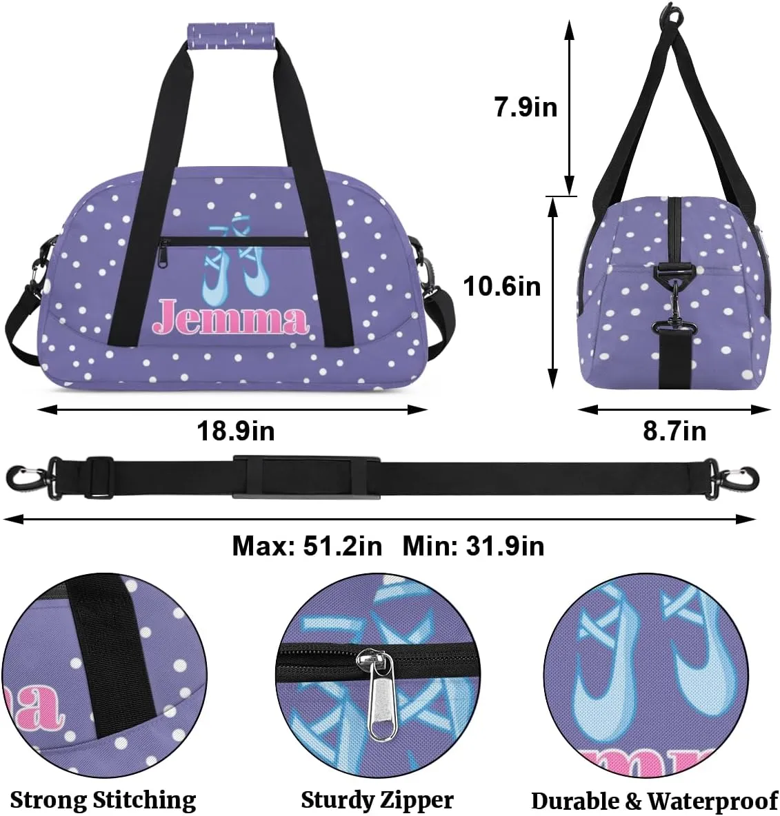 Custom Dance Ballet Bag for Girls, Personalized Duffle Bag with Name Dance Shoes Overnight Bag Ballet Gym Duffle Bag for Travel Sleepover Bag, Light Purple Background with White Dots