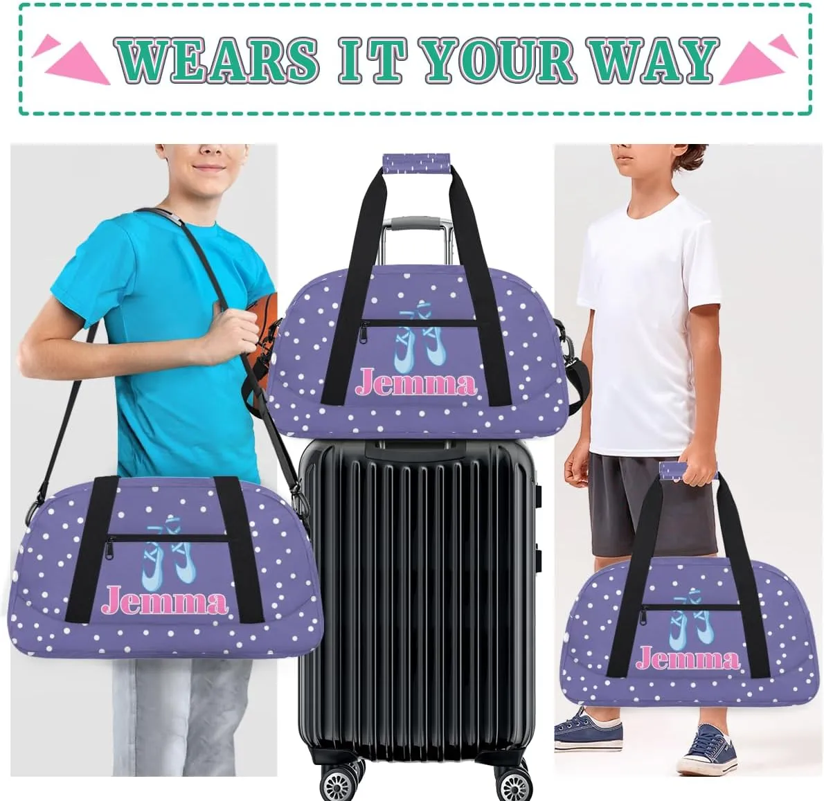 Custom Dance Ballet Bag for Girls, Personalized Duffle Bag with Name Dance Shoes Overnight Bag Ballet Gym Duffle Bag for Travel Sleepover Bag, Light Purple Background with White Dots