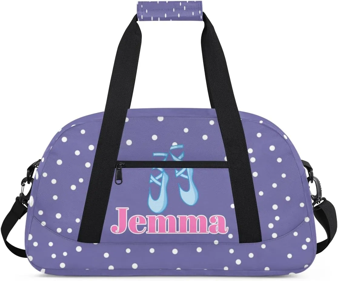 Custom Dance Ballet Bag for Girls, Personalized Duffle Bag with Name Dance Shoes Overnight Bag Ballet Gym Duffle Bag for Travel Sleepover Bag, Light Purple Background with White Dots