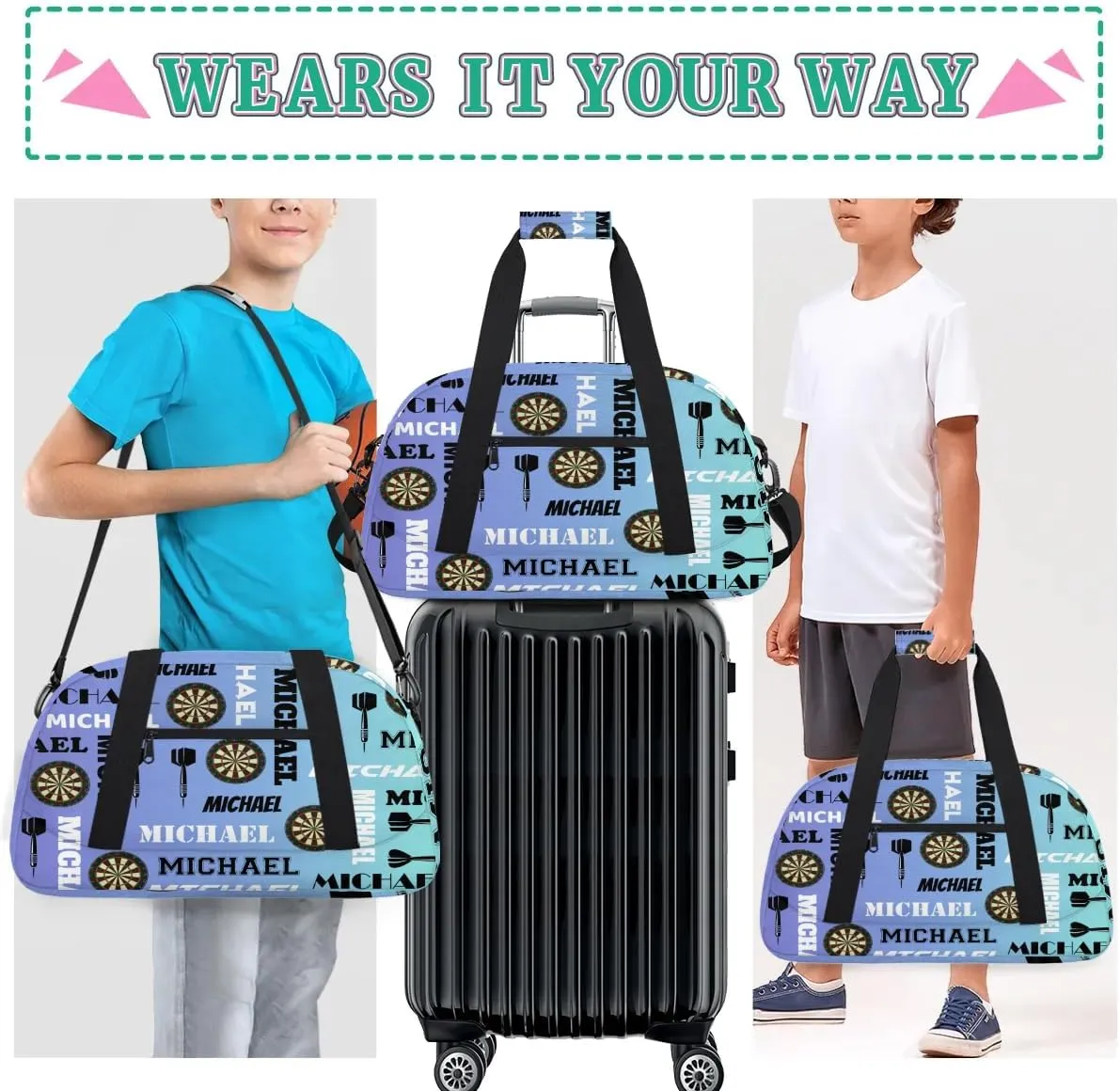 Custom Darts Gym Duffel Bag with Name, Personalized Name Sport Bag Overnight Bags Customized Travel Weekender Bag for Women Men, Blue Purple
