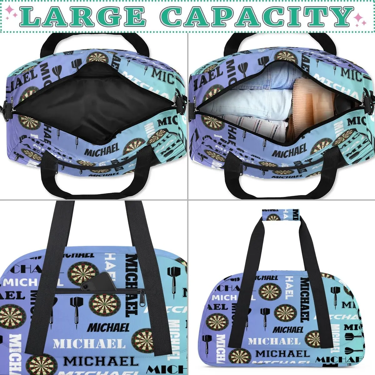 Custom Darts Gym Duffel Bag with Name, Personalized Name Sport Bag Overnight Bags Customized Travel Weekender Bag for Women Men, Blue Purple