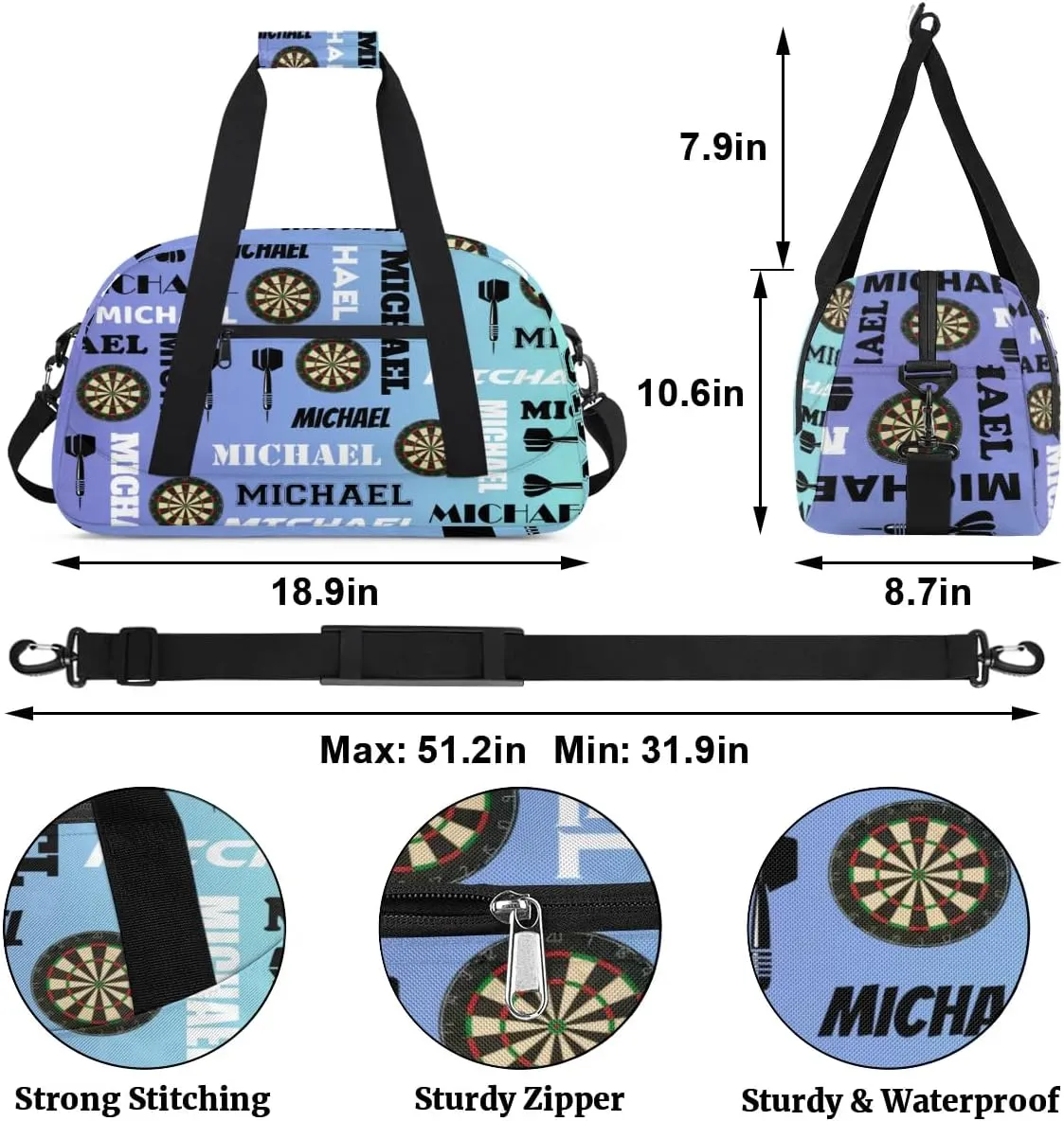 Custom Darts Gym Duffel Bag with Name, Personalized Name Sport Bag Overnight Bags Customized Travel Weekender Bag for Women Men, Blue Purple