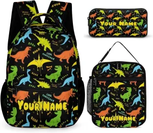 Custom Dinosaur Backpack with Lunch Box & Pencil Case, 16 Inch Cute Jurassic Dinosaurs Themed Bookbag, Adjustable Lightweight Large Capacity, Colorful Daily Casual Backpacks Set with Lunch Bag