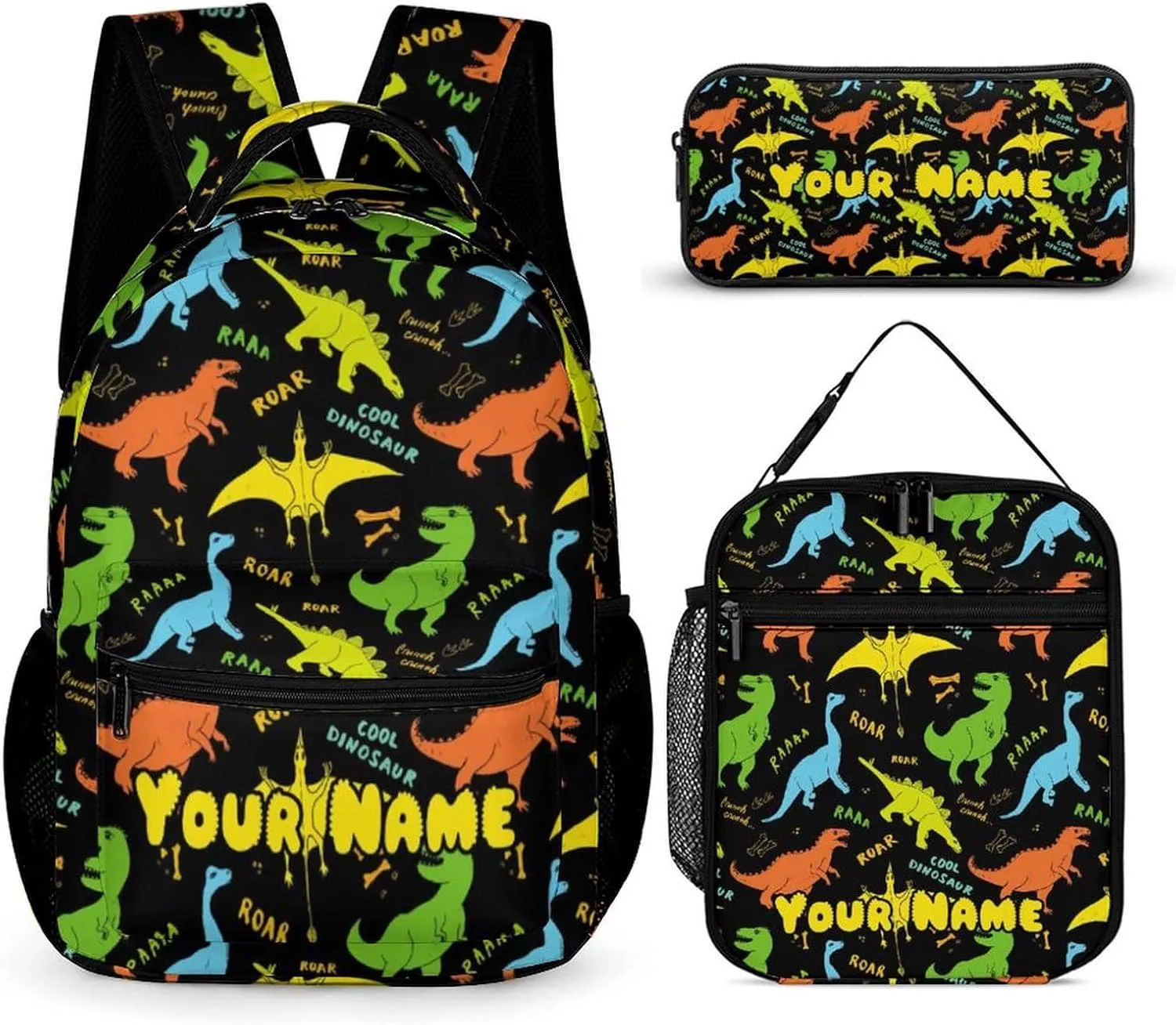 Custom Dinosaur Backpack with Lunch Box & Pencil Case, 16 Inch Cute Jurassic Dinosaurs Themed Bookbag, Adjustable Lightweight Large Capacity, Colorful Daily Casual Backpacks Set with Lunch Bag