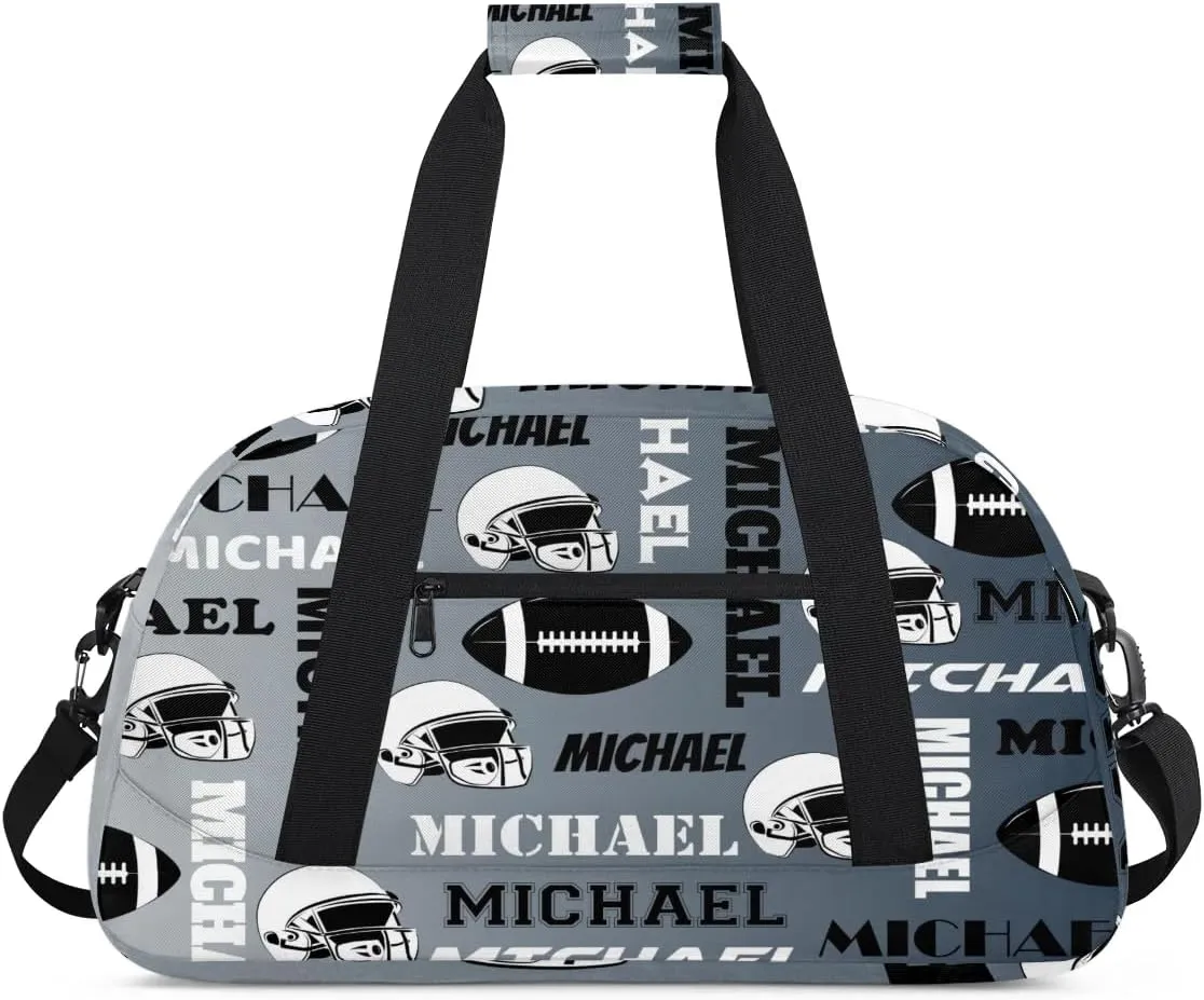 Custom Football Gym Bag Duffel Bag for Women Men, Personalized Sport Bag Overnight Bags Custom Name Travel Weekender Bag, Black Grey
