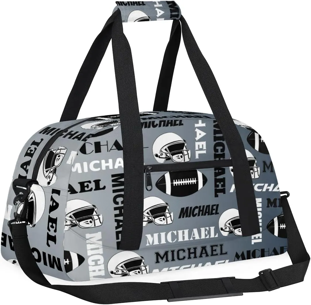Custom Football Gym Bag Duffel Bag for Women Men, Personalized Sport Bag Overnight Bags Custom Name Travel Weekender Bag, Black Grey