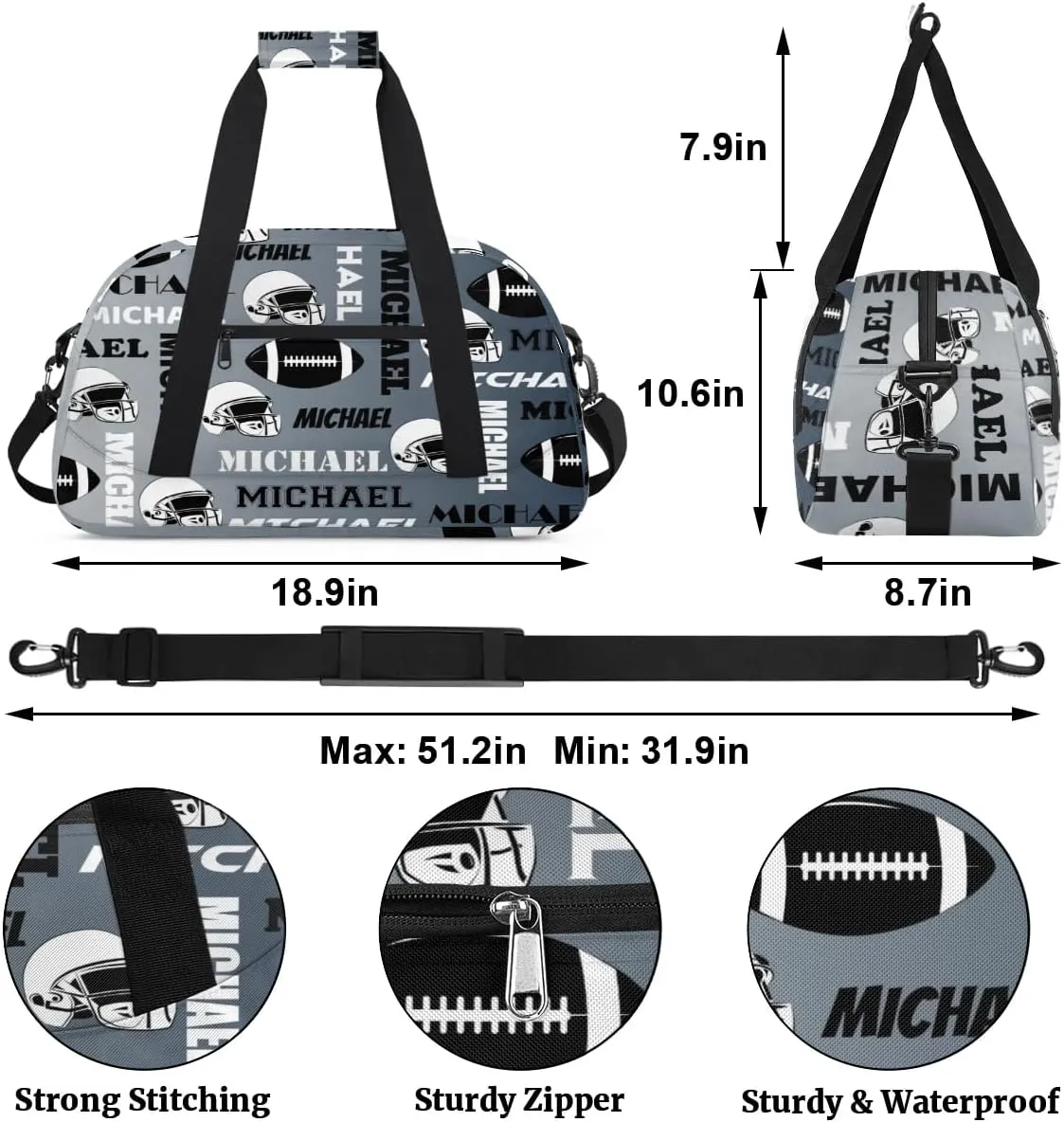 Custom Football Gym Bag Duffel Bag for Women Men, Personalized Sport Bag Overnight Bags Custom Name Travel Weekender Bag, Black Grey