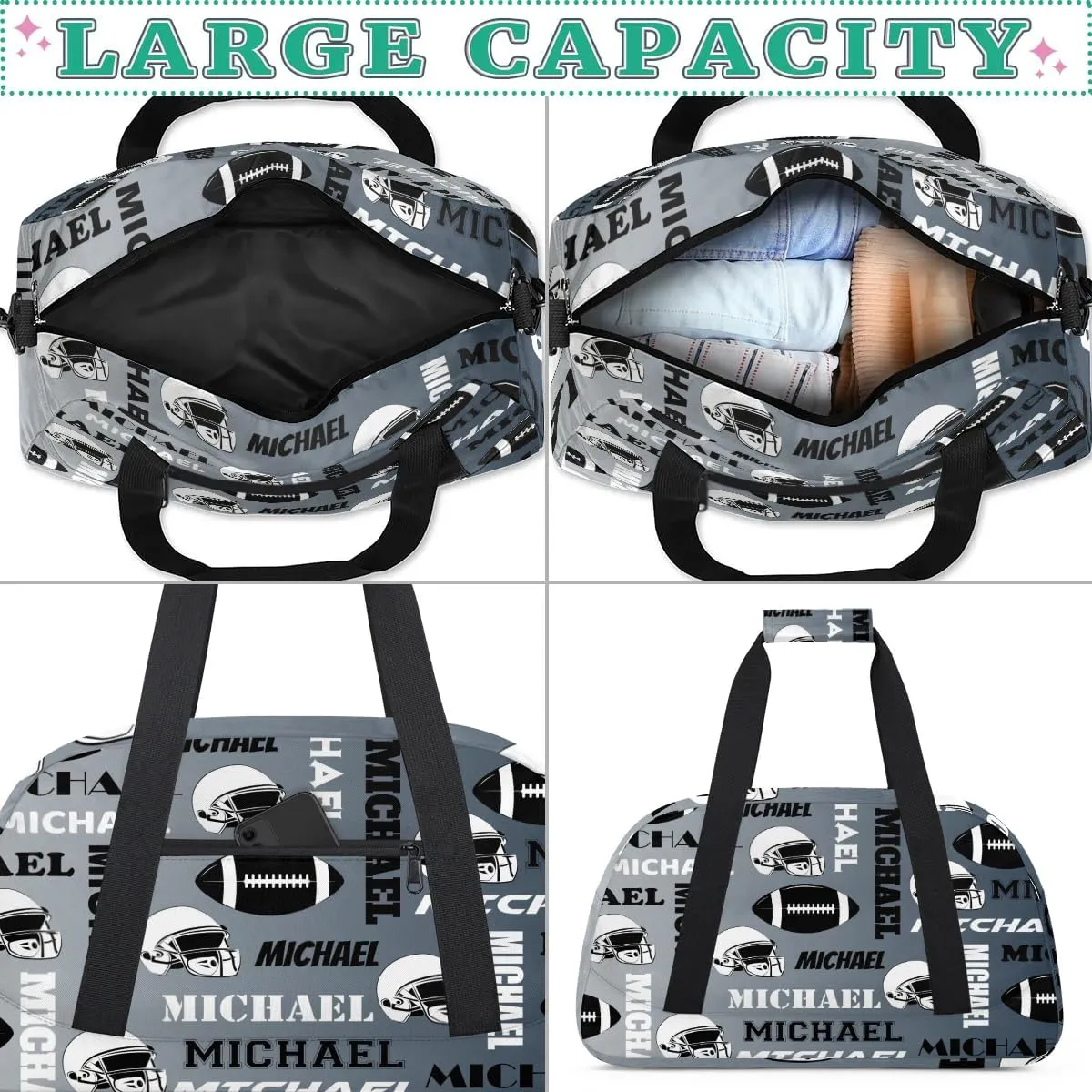 Custom Football Gym Bag Duffel Bag for Women Men, Personalized Sport Bag Overnight Bags Custom Name Travel Weekender Bag, Black Grey
