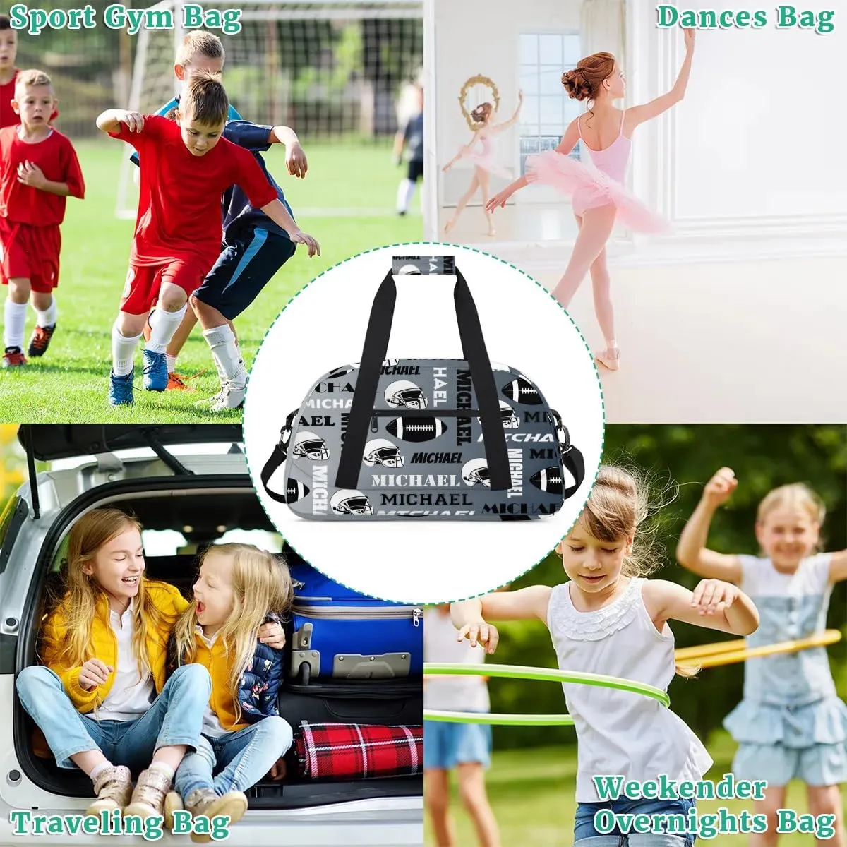 Custom Football Gym Bag Duffel Bag for Women Men, Personalized Sport Bag Overnight Bags Custom Name Travel Weekender Bag, Black Grey
