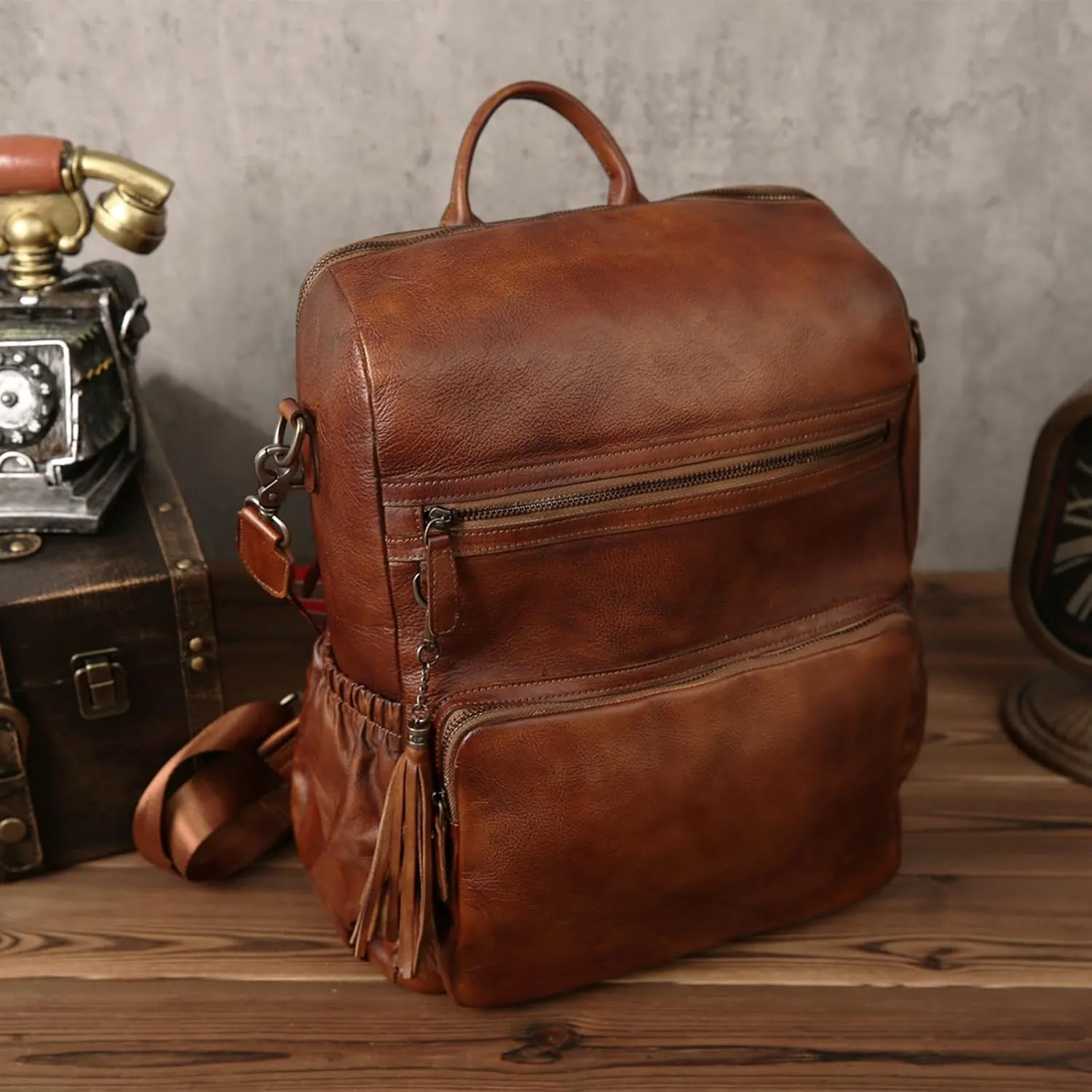 Custom Genuine Leather Backpack For Women,Personalizable Convertible Shoulder Bag,Fashionable Tassel Design Travel Bag,Women's Polished Cowhide Bag